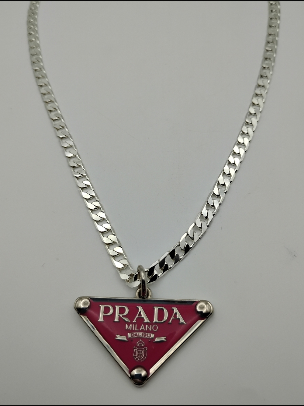 PRADA Milano Fuscia Triangle Logo Pendant On A 925 Sterling Silver Necklace - Picture 4 of 14